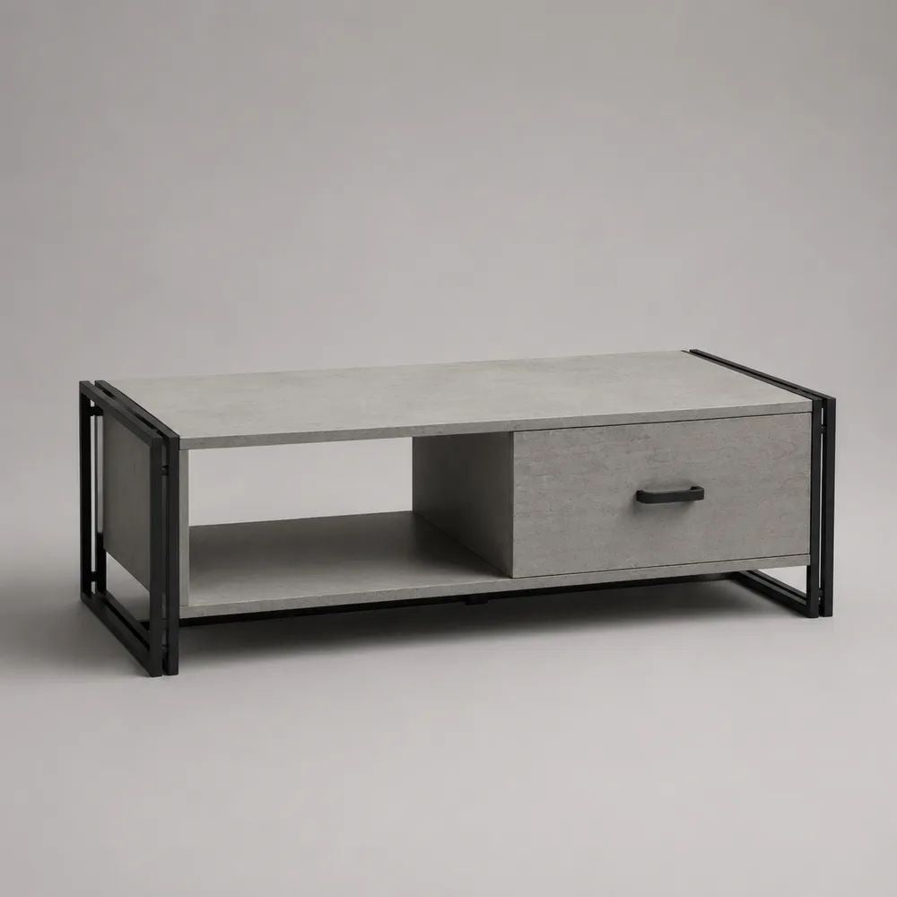 Tavolino da salotto rettangolare in legno e acciaio con cassetto e ripiano, grigio cemento e nero, 110 x 55 x 45 cm