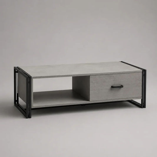 Tavolino da salotto rettangolare in legno e acciaio con cassetto e ripiano, grigio cemento e nero, 110 x 55 x 45 cm