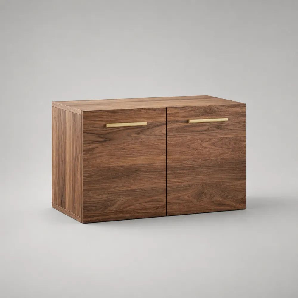 Mobile contenitore basso rettangolare in legno con 2 ante, effetto noce marrone e maniglie color ottone, 80 x 40 x 60 cm
