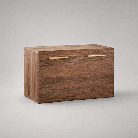 Mobile contenitore basso rettangolare in legno con 2 ante, effetto noce marrone e maniglie color ottone, 80 x 40 x 60 cm