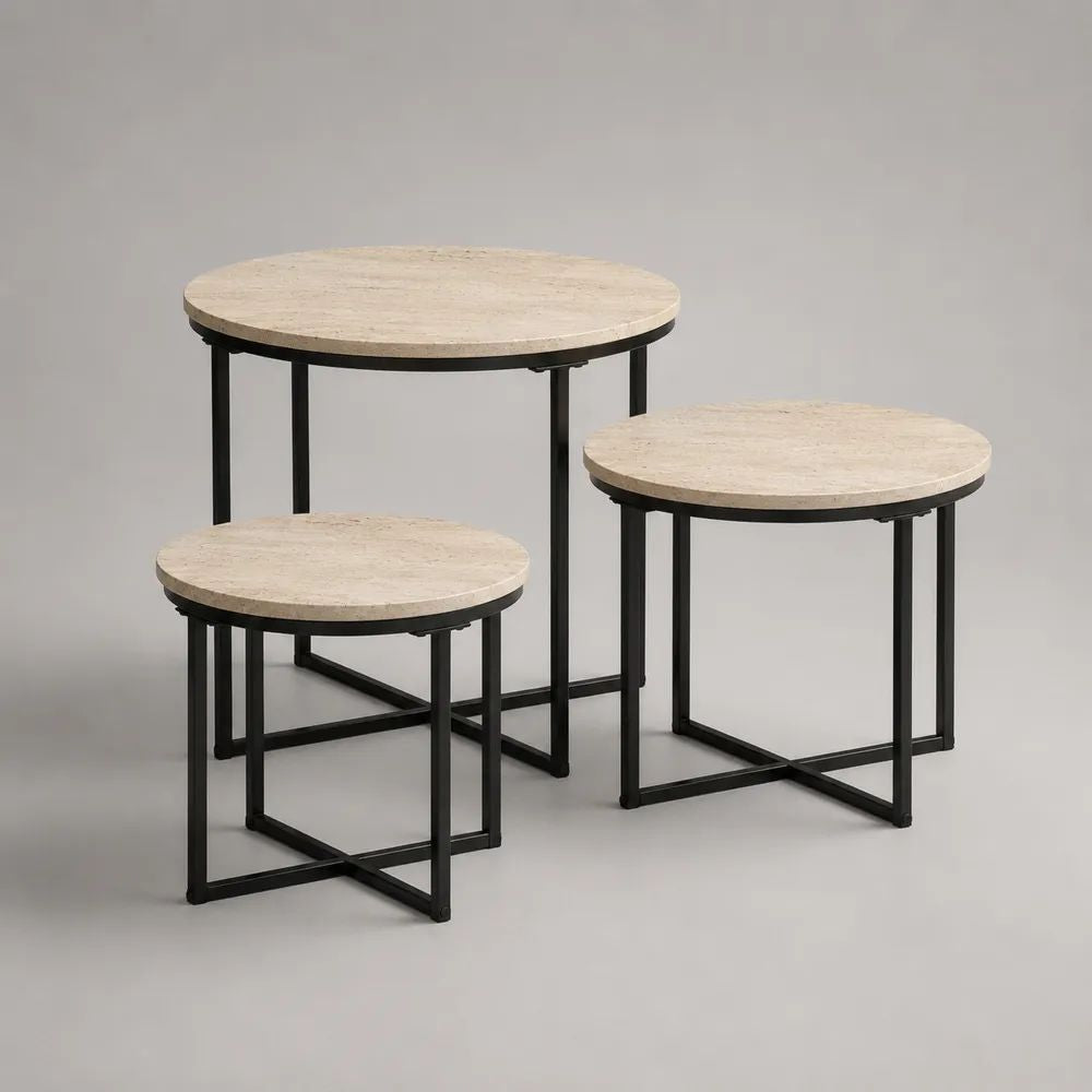Set di 3 tavolini rotondi in MDF effetto travertino e acciaio nero, Ø 70 × 48 cm, Ø 55 × 42 cm e Ø 45 × 36 cm
