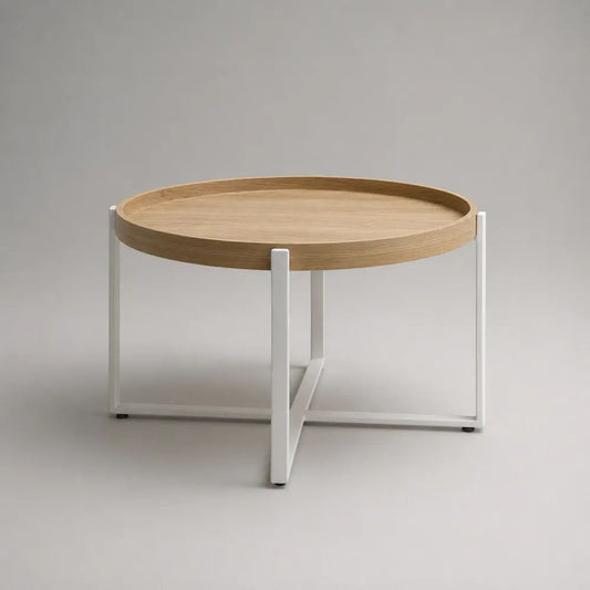 Tavolino da salotto rotondo in legno e acciaio bianco, Ø 60 x 45 cm, rovere naturale