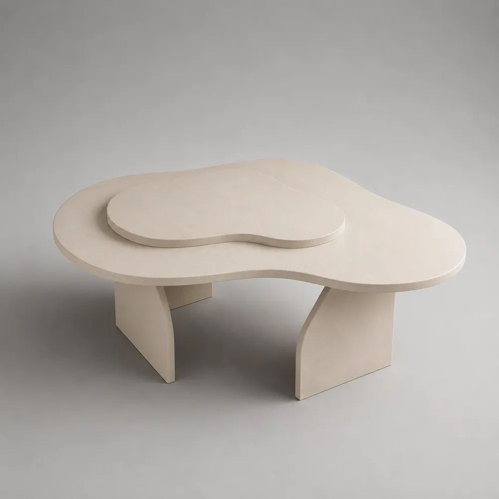Tavolino da salotto a due livelli in MDF, forma organica, avorio opaco, 110 × 80 × 43 cm
