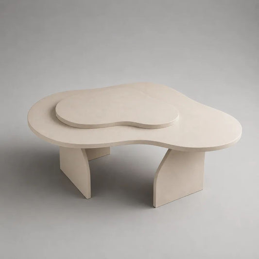 Tavolino da salotto a due livelli in MDF, forma organica, avorio opaco, 110 × 80 × 43 cm